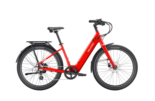 Classic Scarlet Velotric Breeze 1 eBike, regular size, large frame, side view on white background