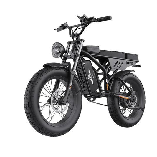 A black eMOTO FREEGO Shotgun Prime F2 Pro-Moto electric cargo eBike with a 1000W motor, shown from the side, featuring a sturdy frame, large tires, and rear cargo rack.
