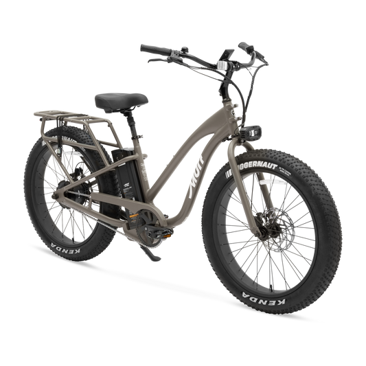 Side view of the Murf Alpha ST eBike in Stone color, showcasing its step-through frame, wide tires, and minimalist design against a plain background.