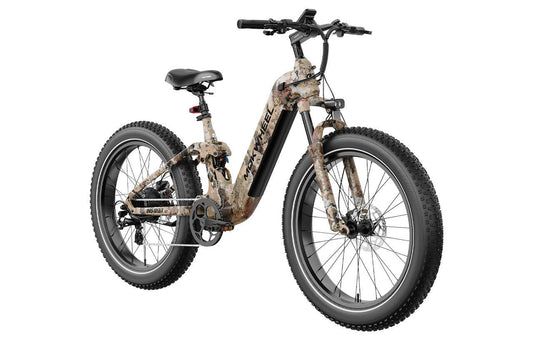 Mokwheel Obsidian ST 2.0 eBike in Desert Camo color, side view, showing fat tires and sturdy frame design.