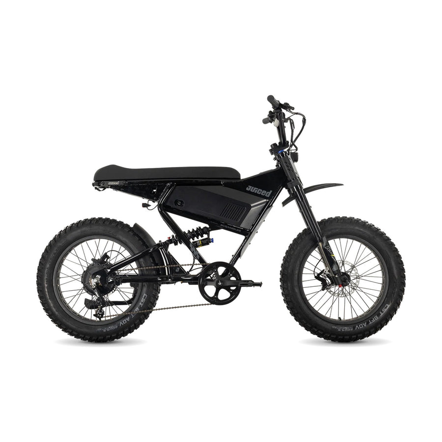Juiced Scrambler full suspension electric bike with single battery in blackberry color, side view on white background