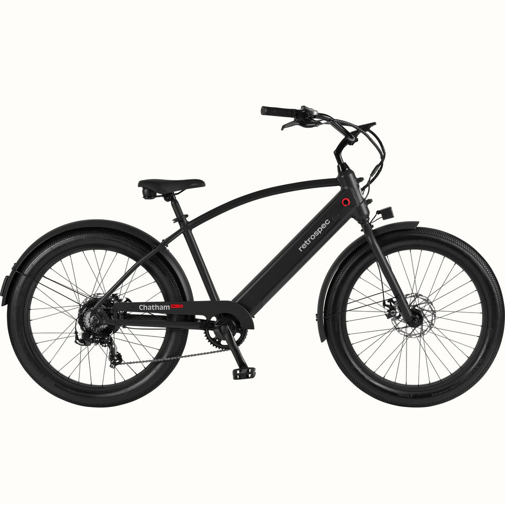 Matte black Retrospec Chatham Rev Plus 2 eBike, step-over frame, side view on white background