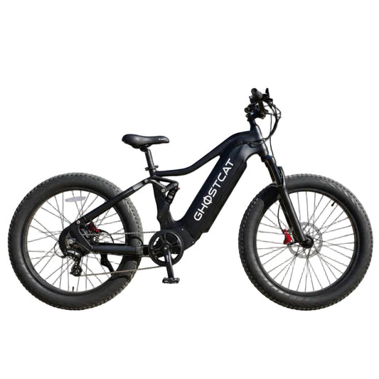 Blackout edition of the Ghostcat Saber S1 eBike, side view, showcasing its sleek black frame, fat tires, and minimalist design against a plain background.