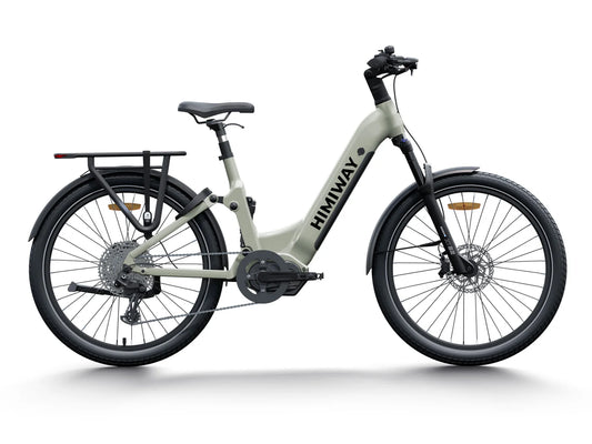 Light gray Himiway A7 Pro electric bike, side view, showcasing frame design, battery, and suspension system.