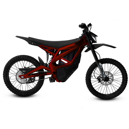 eMOTO Strike SRPNT X3 electric motorcycle in Diablo Red, side view, showcasing sleek design and sporty features