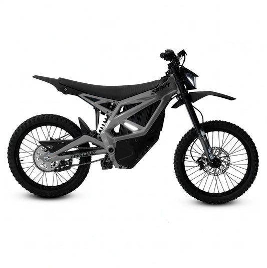eMOTO Strike SRPNT X3 electric motorcycle in Graphite Gray, side view, parked on a plain background