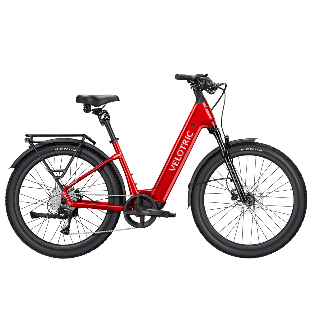 Velotric Discover 3 eBike in Cherry Crimson, Regular Large size, side view against a white background