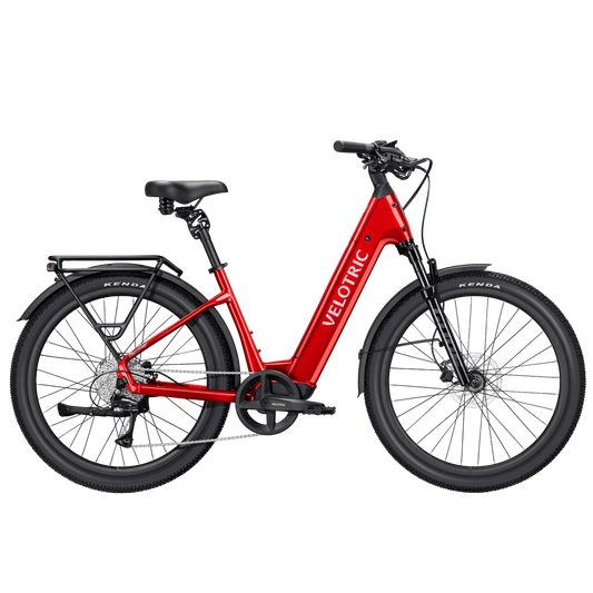 Velotric Discover 3 eBike in Cherry Crimson, Regular Large size, side view against a white background
