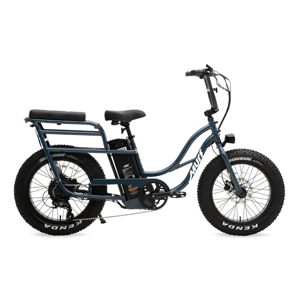 Marine blue Murf Higgs Plus eBike side view, showcasing step-through frame, wide tires, and rear rack
