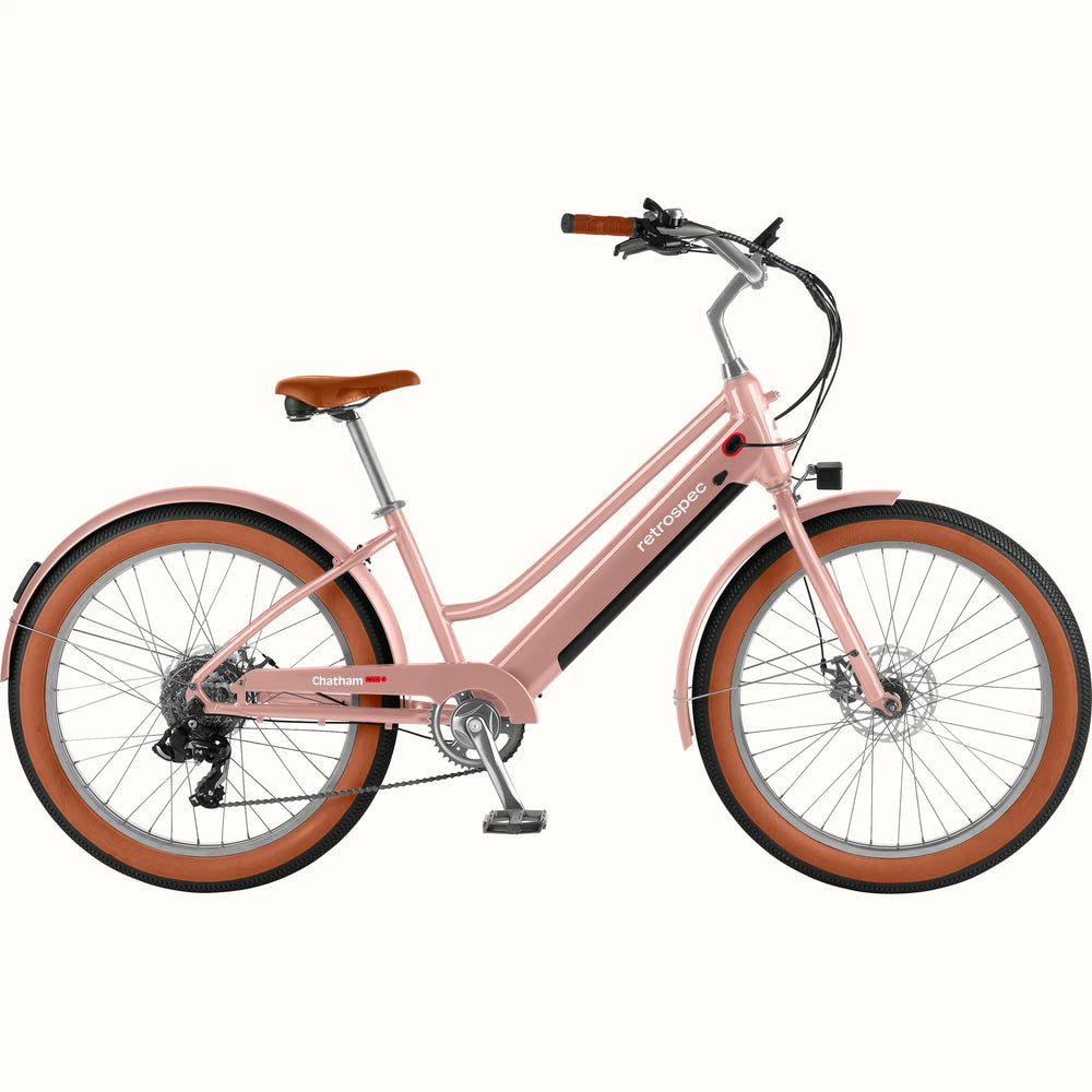 Retrospec Chatham Rev Plus 2 eBike in mauve, step-through frame, side view, against a white background