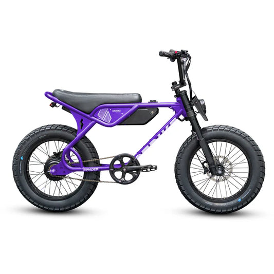 Purple eBike Strike Spyder bicycle in Grape Soda color, side view, isolated on white background