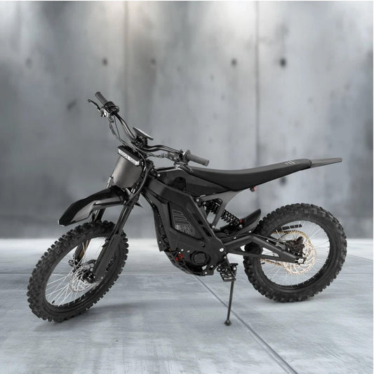 eMOTO eRide Pro SR Electric Dirt Bike in black and red, side view, showcasing 72v 3600WH battery and rugged off-road tires