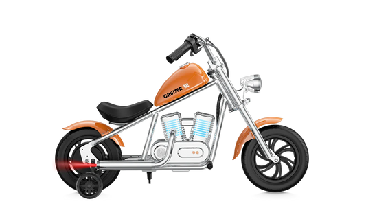 Orange eMOTO Hyper Gogo Cruiser 12 Plus electric bike with training wheels, shown in side view, featuring app connectivity