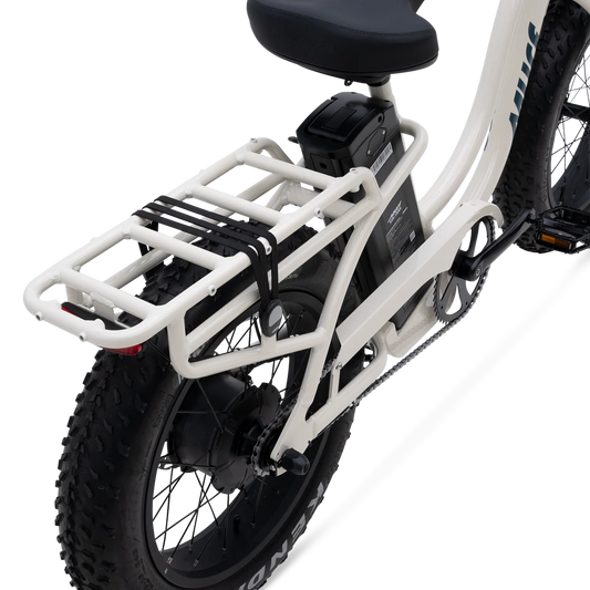 Electric bike Murf Higgs ST in matte black, side view, parked on pavement with a blurred outdoor background.