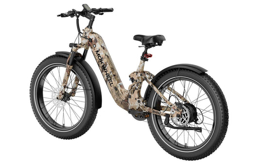 Side view of the Mokwheel Obsidian ST 2.0 eBike in Desert Camo color, showcasing its frame, wheels, and battery against a plain background.