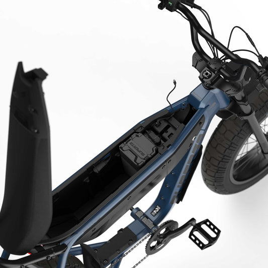 Side view of the Super73 B1G electric bike in matte black, showcasing its thick tires, minimalist frame, and compact design against a white background.