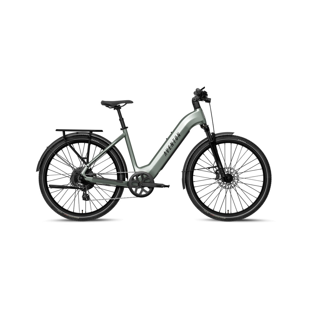 Aventon Level 4 REC Step-Thru electric bike in Glacier Mint color, side view, displayed on a white background