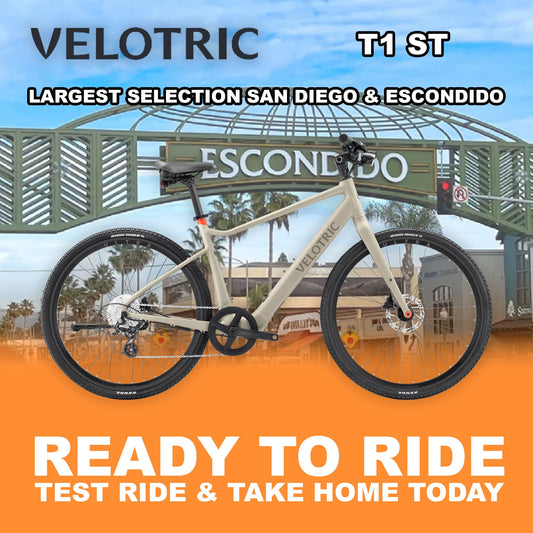 Velotric T1 ST eBike in sand color, side view, ready to ride, against a plain background