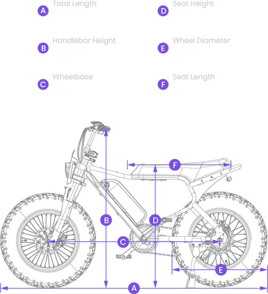 Alt text: "Macfox X7 eBike shown with labeled measurements for frame size, wheel diameter, handlebar height, and seat height, providing a visual size guide for product dimensions."