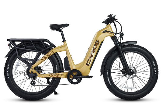 Yellow eBike Cyke Lynx bicycle with a sleek frame, black tires, and modern design, shown from a side angle.