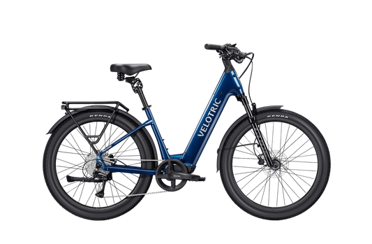 Velotric Discover 3 eBike in Lemans Blue, regular size, shown in its box
