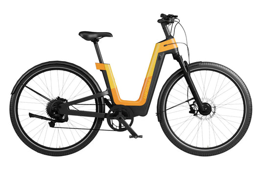 Urtopia Carbon Fusion GT eBike in Vital Orange, side view, showcasing sleek carbon frame and modern design