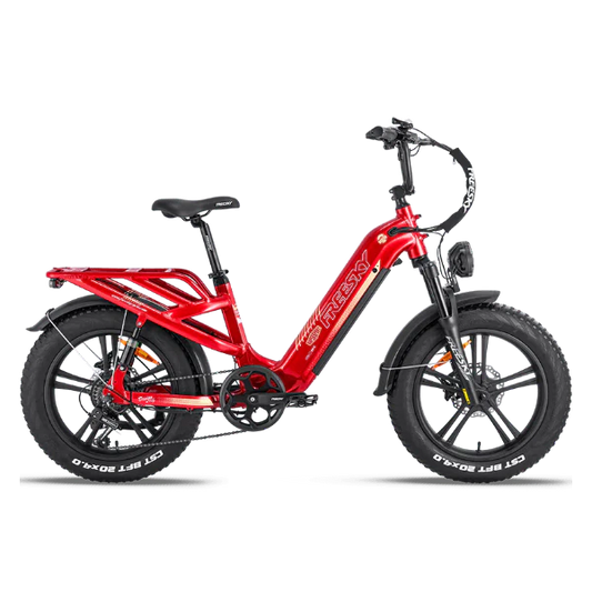 Red Freesky Rocky Pro A-320 electric bike side view, showcasing frame design, battery, and tires.