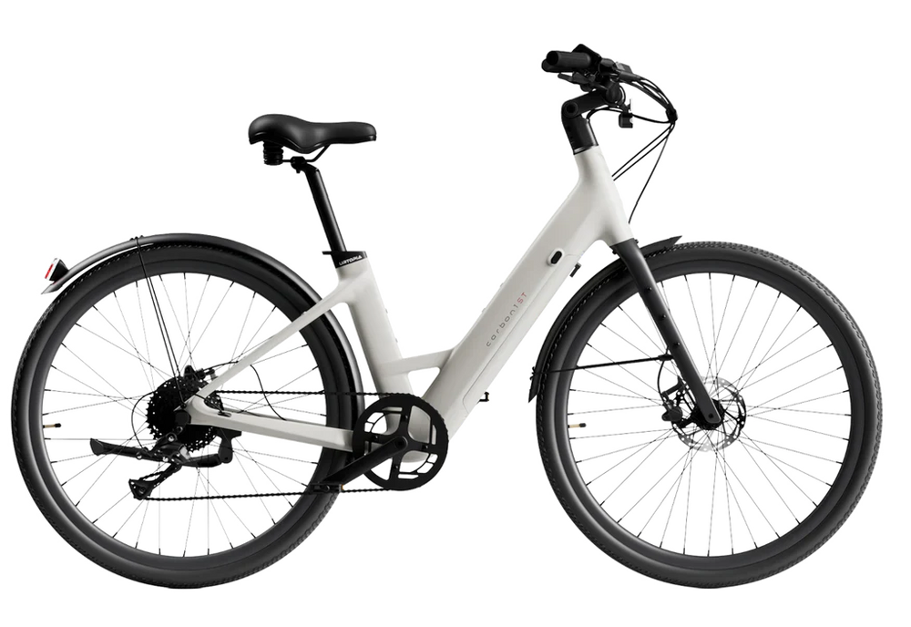 Urtopia Carbon Classic Step Thru eBike in creme color, side view, showcasing lightweight carbon frame and step-through design