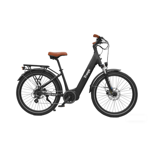Side view of the Freego City Flow A1 eBike in black, showing its step-through frame, rear rack, and front basket against a white background.