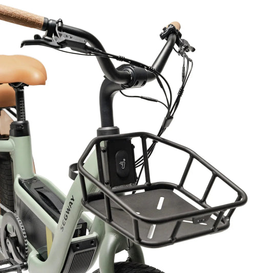 Electric bike Segway Muxi, side view, black frame, modern design, parked on pavement with greenery in background.