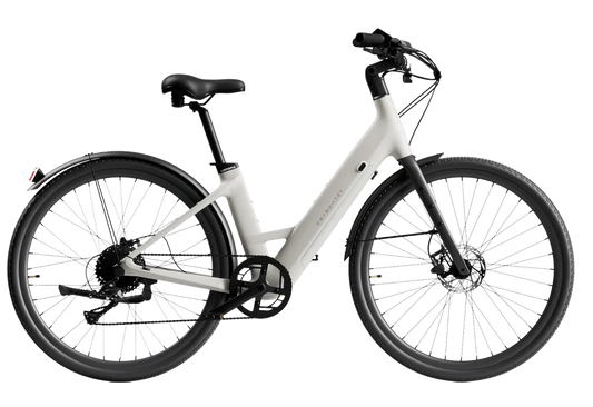 Urtopia Carbon Classic Step Thru eBike in creme color, side view, showcasing lightweight carbon frame and step-through design