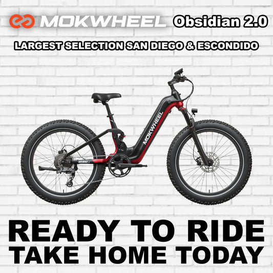 Black and red Mokwheel Obsidian 2.0 ST electric bike, side view, against a white background.