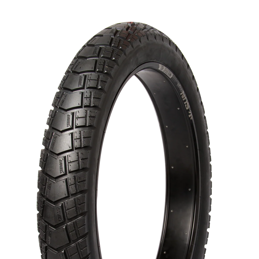 Close-up view of a 20x4 inch Huntsman eBike tire showing tread pattern and sidewall details.