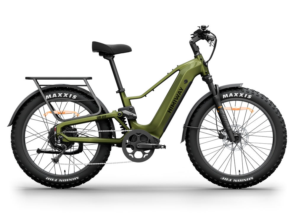 Olive green Himiway D5 2.0 electric bike, side view, showing fat tires, rear rack, and battery integrated into the frame.
