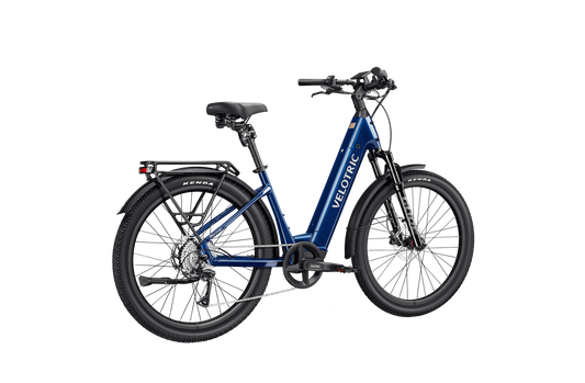 Velotric Discover 3 electric bike in Lemans Blue, side view, showcasing frame, wheels, and battery.