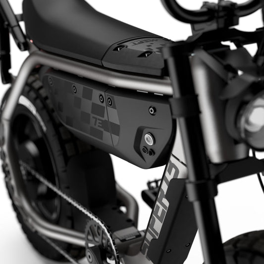 Super73 MZFT eMOTO eBike in Titanium Ore color, shown inside its original packaging box