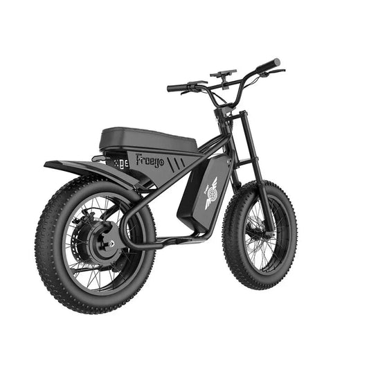 Black eMOTO FREEGO M1 electric mini fat tire e-bike, 500W motor, e-moto style, side view against a plain background