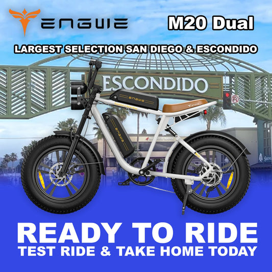 White ENGWE M20 eMOTO eBike with dual battery, ready to ride, displayed in Escondido; product image showing side view of the bicycle.