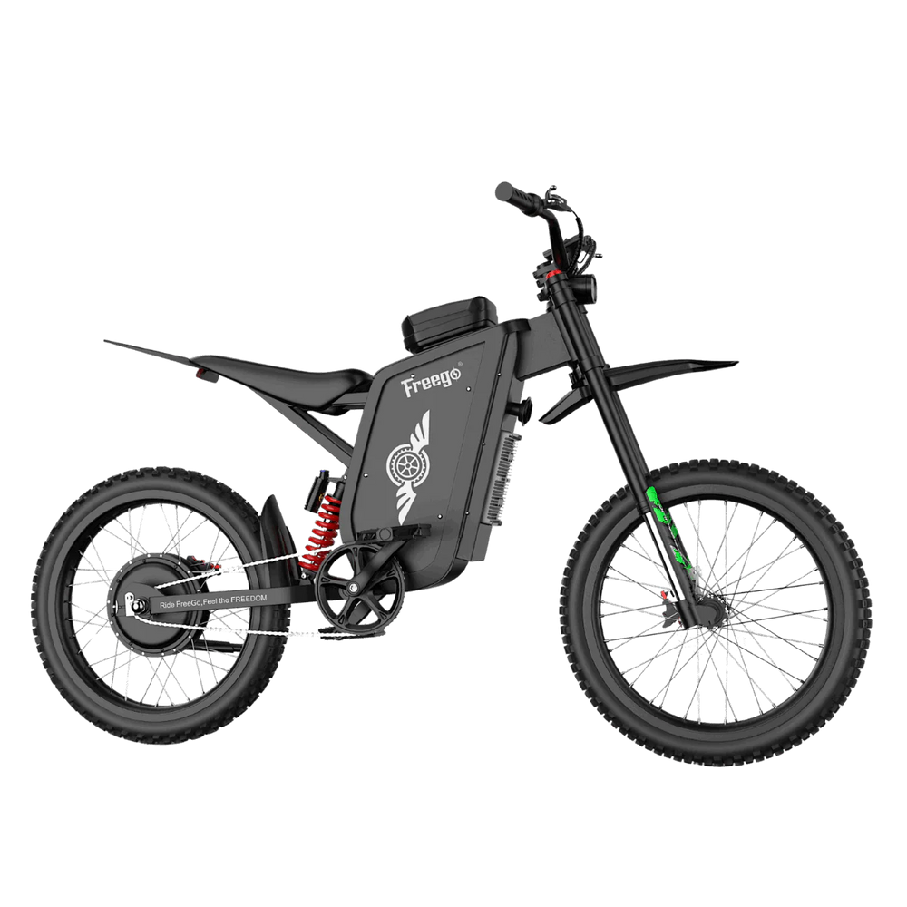 Side view of the eMOTO Freego X3 electric scooter showing its black frame, wide deck, large tires, and rear suspension system.