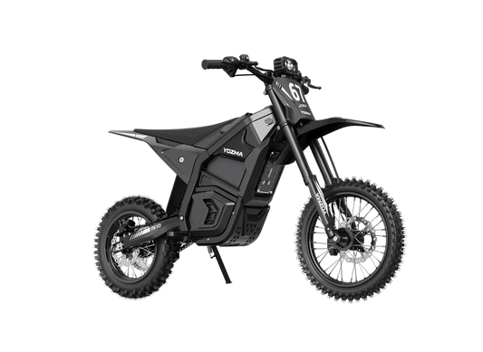 Side view of the eMOTO Yozma IN 10 electric scooter in black, showcasing its sleek frame, wide tires, and ergonomic seat.