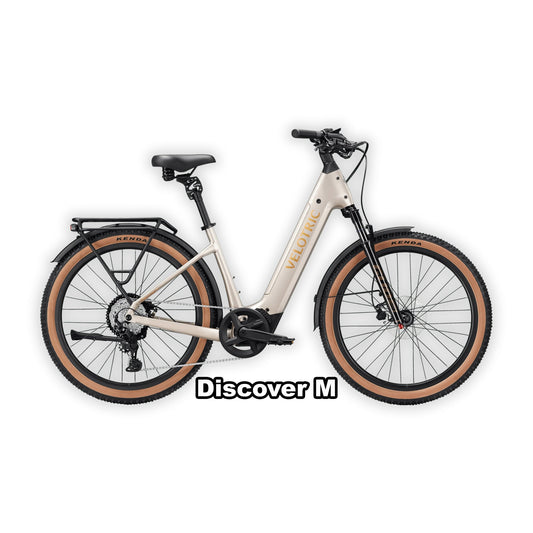 Platinum silver Velotric Discover M eBike in regular size, shown in its original box packaging.