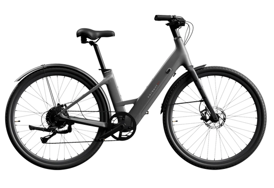 A sleek black Urtopia Carbon 1 Step Thru eBike with a lightweight carbon fiber frame, step-through design, and integrated display, shown from a side angle against a white background.