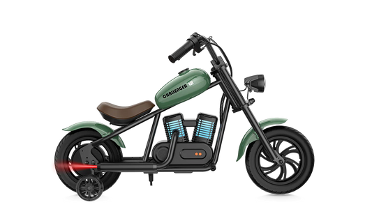 Green eMOTO Hyper Gogo Challenger 12 Plus electric bike with training wheels, side view