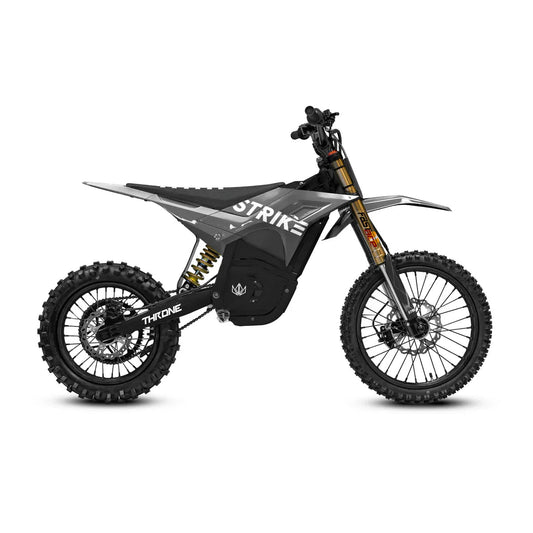 Side view of the eMOTO Strike Shadow SV2 72V electric motorcycle in black, showcasing its sleek design, large wheels, and modern frame.