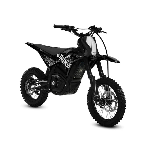 Black eMOTO Strike Shadow 48V electric motorcycle, side view, product image for pre-order, expected mid May 2026