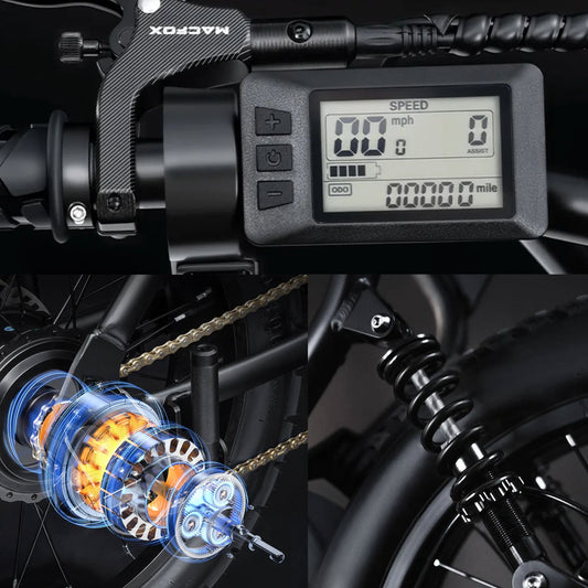 Macfox X2 eBike in black color shown inside its box, product packaging visible, barcode 810206240113