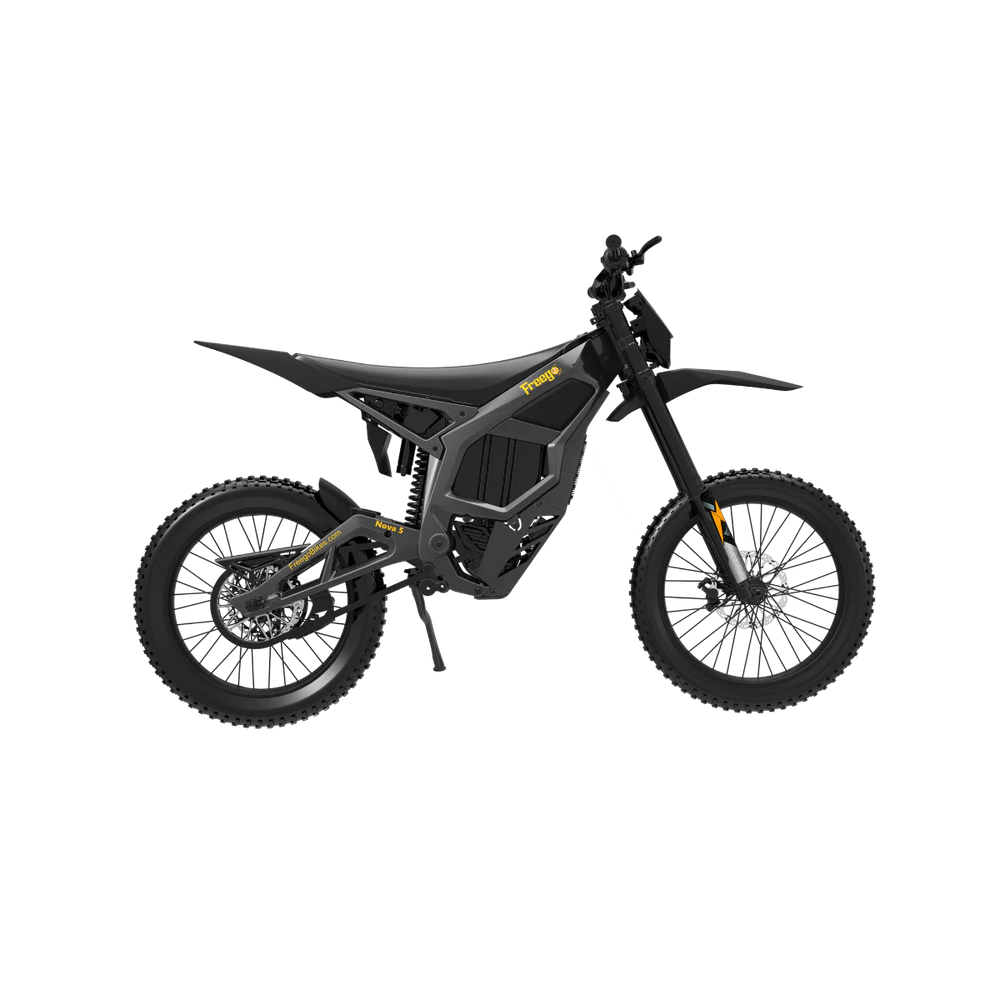 Side view of a black Freego Nova 5 electric bike, showcasing its frame, wheels, and battery on a white background.