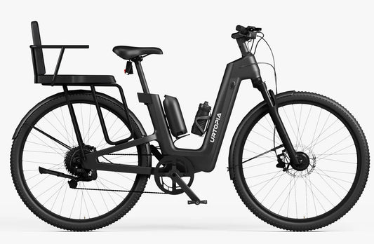 Side view of the Urtopia Fusion GT eBike in Blazing Black, showcasing its sleek frame, integrated battery, and modern design against a plain background.