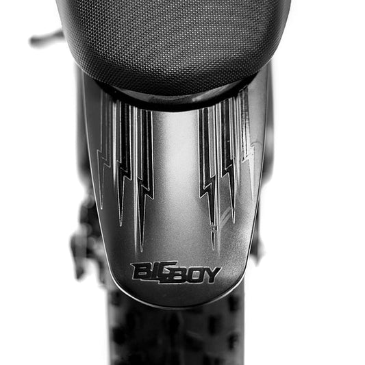 Chrome eBike Strike Big Boy electric bicycle, side view, with large tires and sleek metallic frame