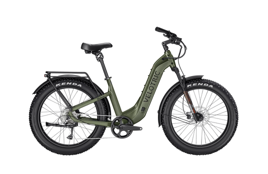 Olive green Velotric Nomad 2 eBike, step-thru frame, regular large size, side view